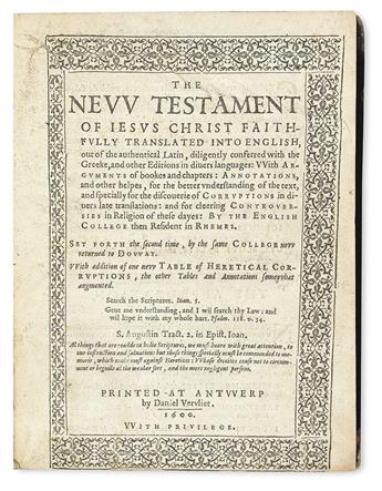 BIBLE IN ENGLISH.  The New Testament of Jesus Christ faithfully translated into English.  1600